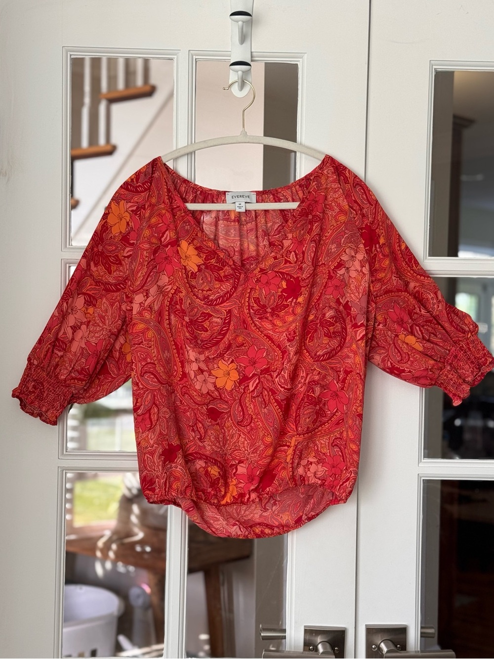 Evereve Camryn Deep V Neck Paisley Floral Blouse M Orange Pink semi sheer Boho